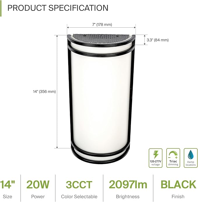 ASD LED Indoor Wall Mount Light Fixture - 14 Inch 20W Modern Interior Matte Black Dimmable Wall Sconce Light - ETL 3000K 4000K 5000K Adjustable - Hallway, Bedroom LED Wall Lights