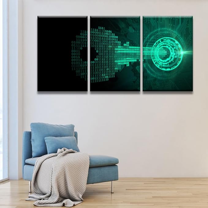 LSIUHWUWI Wall Art for Living Room 3 Panel Key Made from Binary Code Fits Iinto A Lock Pictures Print on Canvas for Home Office Decorations, Framed Ready to Hang, 48" Wx24
