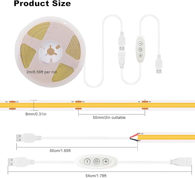 USB Light Strip Warm White 3000k CRI92+ 5v Small Cuttable COB Led Strip Light with Dimmer Switch, 10Watt/6 ft for TV Backlight,Cabinet,Bedroom,Indoor DIY Lighting Project