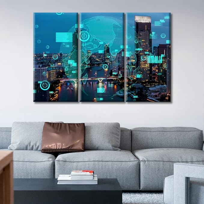 TUMOVO Future of Business Intelligence Pictures Wall Decor 3 Pieces Artificial Intelligence Versus Big Data Wall Decor for Bedroom, Living Room, Office. House Decor Framed Ready to Hang (42" Wx28 H)