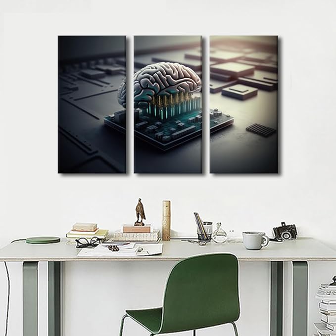 TUMOVO Bedroom Wall Decor 3 Pieces Canvas Wall Art Brains and Computer Chips Pictures for Home Decoration, Human Cyborg Brain Being Prints and Poster Framed Ready to Hang, 36" Wx24 H