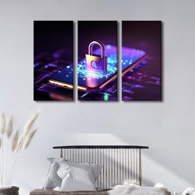 TUMOVO Wall Art for Living Room 3 Panel Cyber Security and Data Protection Concept Pictures Posters Contemporary Wall Decor for Home Office Hotel Wall Wooden Framed Ready to Hang, 36" Wx24 H
