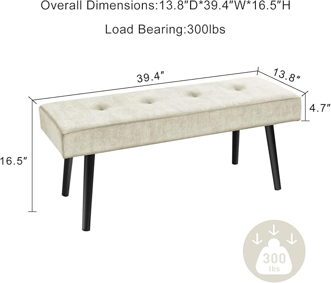 Entryway Bench - Beige Bench for Bedroom, Modern Ottoman End of Bed, Corduroy Padded Benches for Living Room, Foyer, Mudroom, Hallway - 39" L x 14" W x 17" H