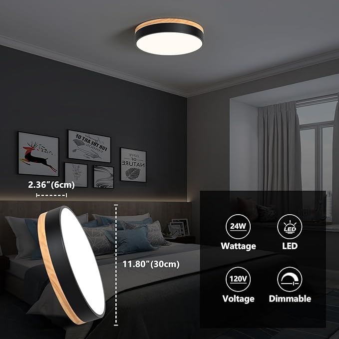 Modern Wood Oak Black Flush Mount Ceiling Light Dimmable LED Ceiling Light Fixture 2700K-6000K 5CCT Minimalist Circle Close to Lighting Lamp for Kitchen Bathroom Bedroom Laundry Room, 11.8''