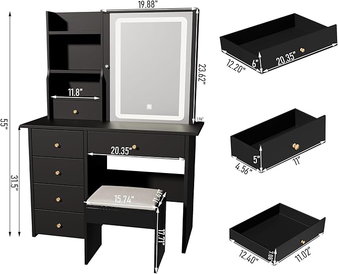 DYHOME Makeup Vanity Desk with LED Lights Mirror 3 Adjustable Modes and Power Outlets, Vanity Table with 6 Drawers Dresser and Bench, Makeup Desk for Bedroom Dressing Room, Black