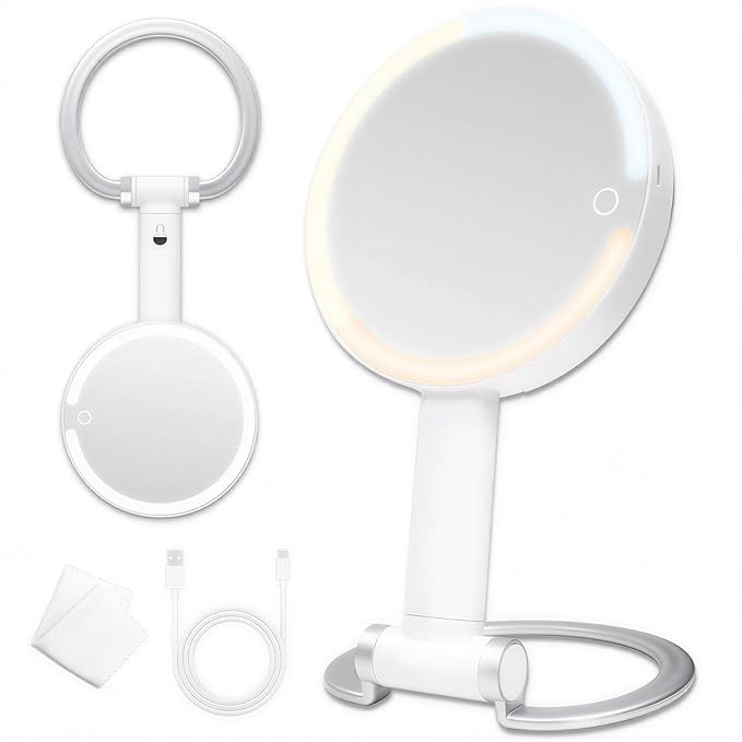 Portable Travel Makeup Mirror with Lights - 3 Color Dimmable Lighting, 360° Rotation, Rechargeable Double-Sided 1X/10X Magnifying Mirror, Adjustable Brightness for Tabletop, Home & On-the-Go Use