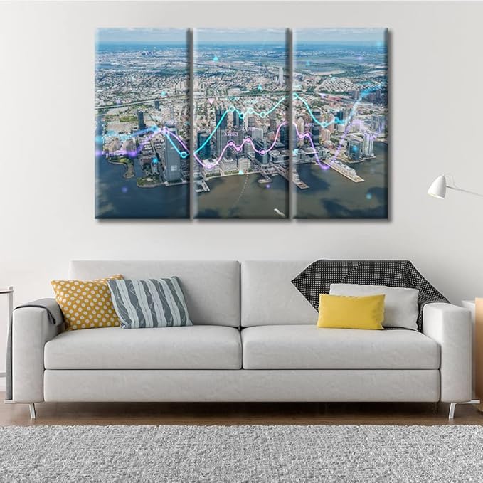 3 Pieces Concept of Internet Trading Brokerage and Analysis Painting Artwork Home Decor New Jersey City Financial Downtown Skyscrapers Wall Art for Living Room Framed Ready to Hang (42"Wx28"H)