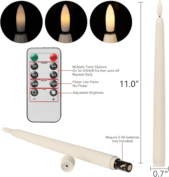 Flameless Taper Candles with Rmote,Timer,Dimmer,6 Pack Ivory Battery Operated Flickering Candlesticks with 3D Flame, Plastic Led Window Candles,11 Inches for Halloween Christmas Holidy Decoration