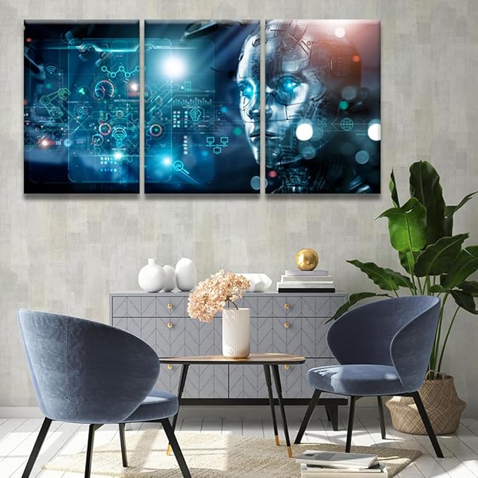 LSIUHWUWI Wall Art for Living Room Machine Learning, Data Exchange, Deep Learning, Industry 4.0 Pictures Posters for Home Wall Decoration, Wooden Framed Ready to Hang, 16x24inchx3