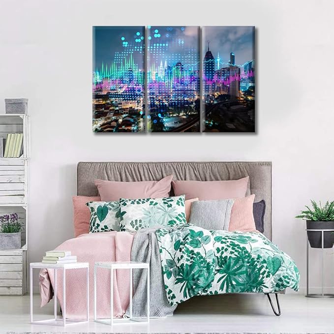 3 Panel Wall Art Stock Market on Display Paintings Modern Home Decor Stock Market Graph Hologram Night Panorama City View Pictures Wall Decor Living RoomArtwork Framed Ready to Hang (42"Wx28"H)