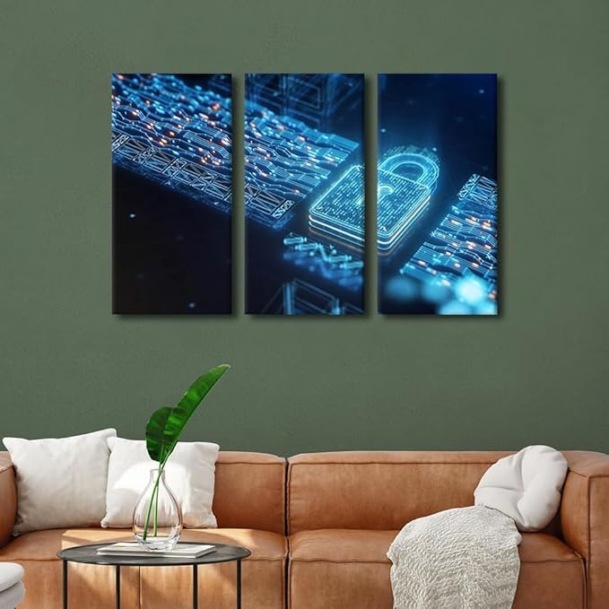 TUMOVO 3 Panel Wall Paintings for Living Room, Lock Icon and Internet Network Security Technology Picture Prints on Canvas for Home Office Wall Decorations Framed Ready to Hang, 36" Wx24 H
