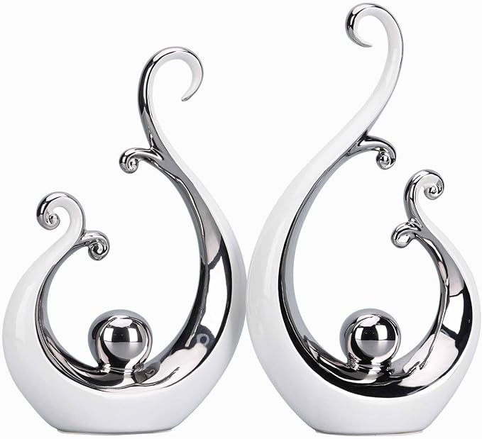 DOVDOV White and Silver Ceramic Abstract Statues Set of 2, Modern Art Deco Accents, Unique Home Decor, Coffee Table Decor, Shelf Decor, Room Decor, Coffee Table Decor Aesthetics.