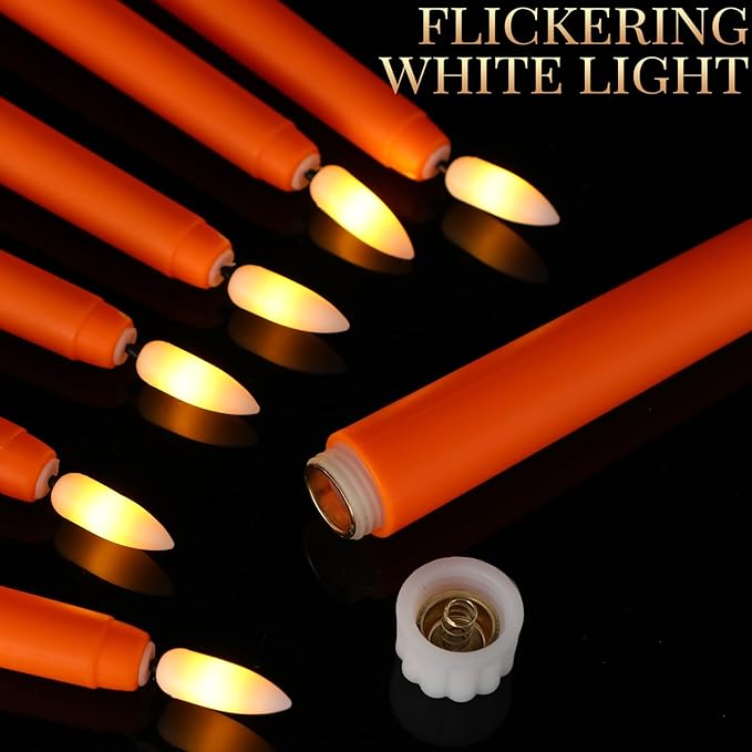 Macarrie 24 Packs Flameless Taper Candles Battery Operated Fake 11 Inch Long Candlelight LED Flameless Candlesticks Flickering Tapered for Spring Summer Wedding(Orange)