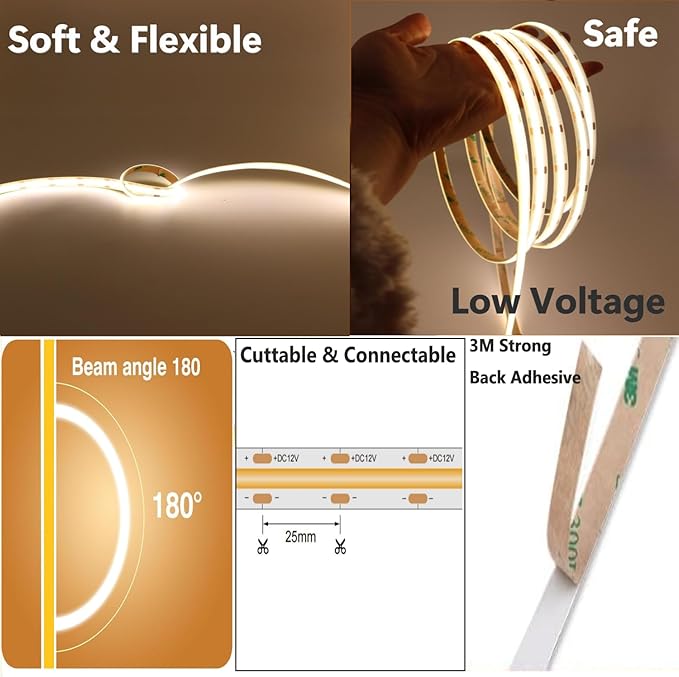 IP65 COB LED Strip Light, 480LEDs/m High Density 4000K, 16.4FT DC12V Flexible Cuttable CRI90+ Uniform No-Spot Lighting for Kitchen, Bathroom&Under Cabinet, Home DIY Lighting Projects(No Power Supply)
