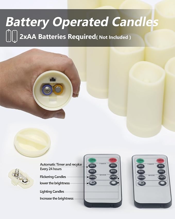 salipt Flameless Candles, LED Flickering Candles Set of 10 (H 4" 5" 6" 7" xD 2.2") Waterproof Candles, Resin Plastic, Indoor Outdoor Use,Ivory