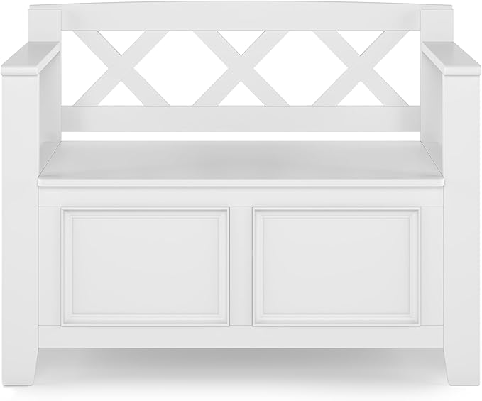 SIMPLIHOME Amherst Entryway Storage Bench - 36 inch Wide Solid Wood Hallway Bench in White, Transitional Bench for Entry or Mudroom with Lift-Up Lid, Storage Compartments and X-Back Detail