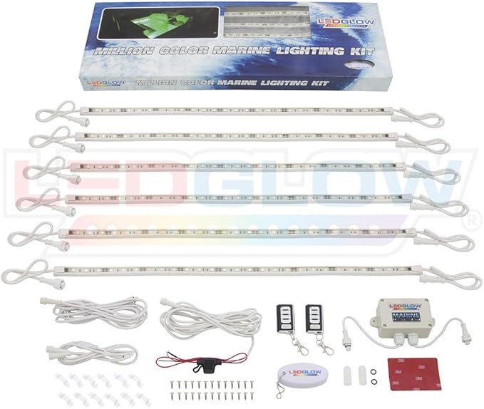 LEDGlow 6pc Million Color LED Boat Marine Deck & Cabin Accent Lighting Kit - 20" Waterproof Flexible Light Strips - Screw Cap Connectors with O-Rings - Includes Control Box & Wireless Remote