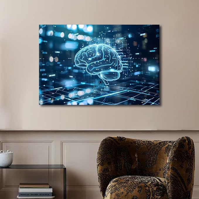 Neural Network Connections on Blue Digital Background Canvas Art Prints Bedroom Wall Decor Poster and Prints House Decorations Living Room Digital Human Brain Paintings Artwork 24"Wx36"Hx1 Panel