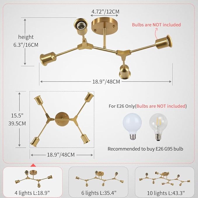 Modern Semi Flush Mount Ceiling Light,Mid Century 4 Light Lighting Fixture for Dining Room Bedroom Kitchen Foyer Entryway Hallway,Metal Gold Sputnik Chandelier