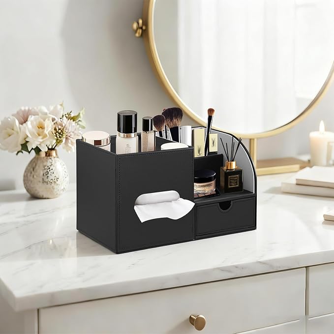Leather Nightstand Organizer with Tissue Holder,Square Tissue Box Cover with Organizer, Decorative Modern Facial Paper Storage Box for Bathroom Living Room Vanity Table Countertop Office Black