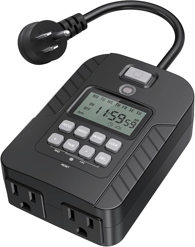 NEARPOW Outdoor Light Timer, Waterproof Digital Timer Outlet, Dusk to Dawn Countdown Timer Plug, 7 Day Programmable 24 Hours Electrical Timer, 2 Grounded Outside Timers for Christmas Lights, 15A 1/2HP