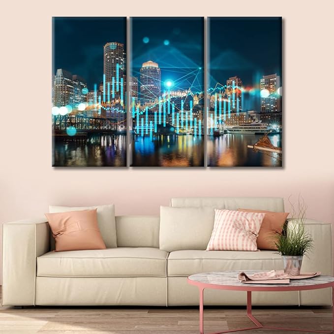 TUMOVO Forex Graph Hologram Canvas Paintings Bedroom Canvas Wall Art 3 Panel Downtown View Boston Skyline Buildings Pictures Wall Art for Living Room Ready to Hang (42" Wx28 H)