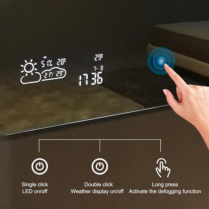 24x36 LED Bathroom Mirror with Bluetooth Wi-Fi Enabled Weather Display, Backlit Lighted Smart Vanity Mirror for Bathroom Wall with 2 Colors Dimmable, Anti-Fog, Touch Sensor- - Vertically Hang Only
