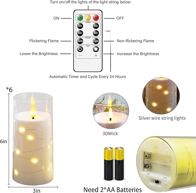 Amber Flickering Flameless Candles with Remote Timer, 6 pcs LED Battery Operated Candles with String Lights, Same Size D3 H6