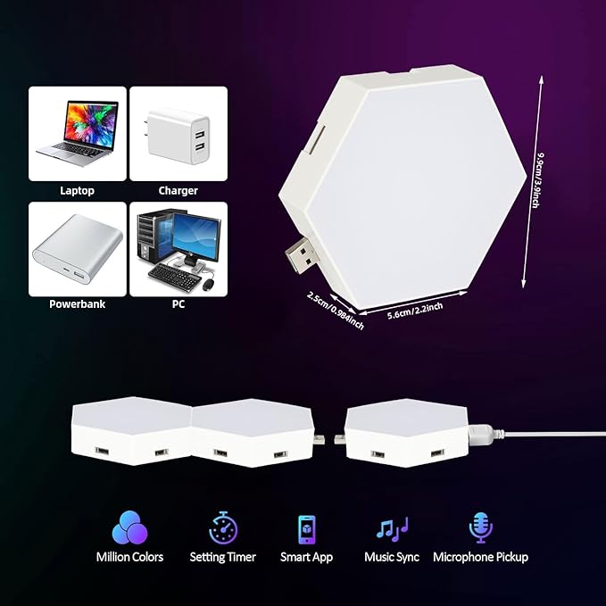 Hexagon Lights Wall Panels, Smart LED Wall Lights with APP, DIY Modular Assembled Music Sync RGB Gaming, Hex Light with USB-Power for Autism, Game Room Decor, Party (6-Pack)