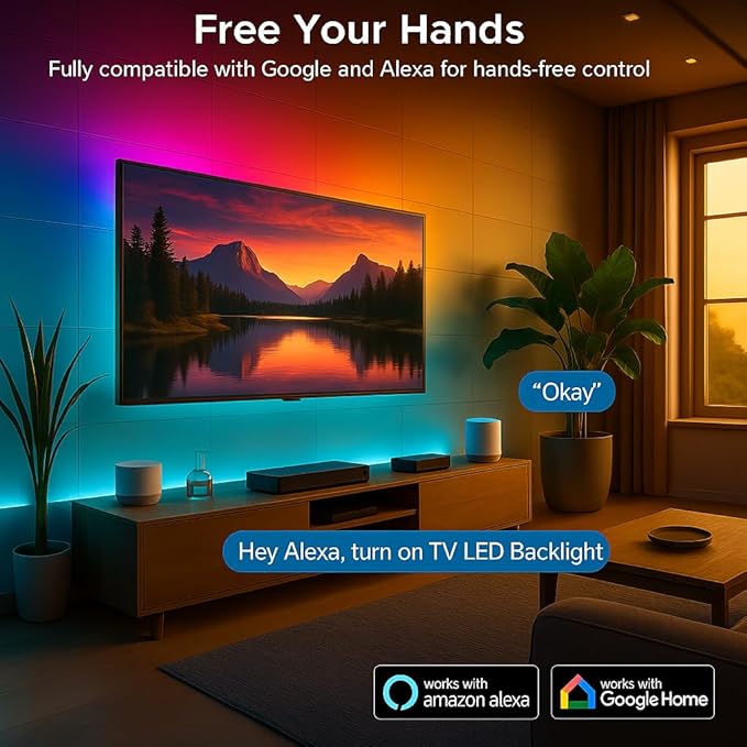 Smart TV LED Backlight, Flowing Color Changing TV Light Strip, 9.8ft LED Strip Lights for 32-43in TVs, Works with Alexa and Google, Music Sync, WiFi and App Control, LED Lights for Gaming Room Decor
