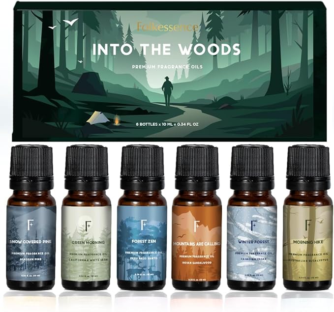 Folkulture Woody Essential Oils Set for Diffuser | New Year Nature-Inspired Aromatherapy for Relaxation, Grounding | 6 Earthy & Woody Scents - Palo Santo, Sandalwood, Pine & Cedar, Euclyptus
