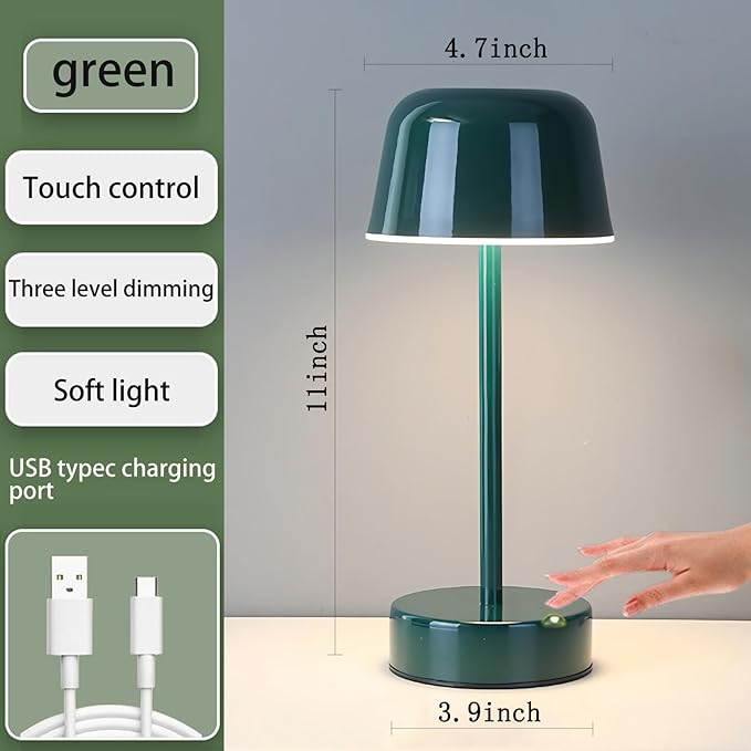 Rechargeable Table Lamp Cordless, Portable Mushroom Table Lamp with USB Port, Tri Color Dimmable Touch Lamps for Bedrooms, Nightstand, Dining Table, Living Room, Dark Green