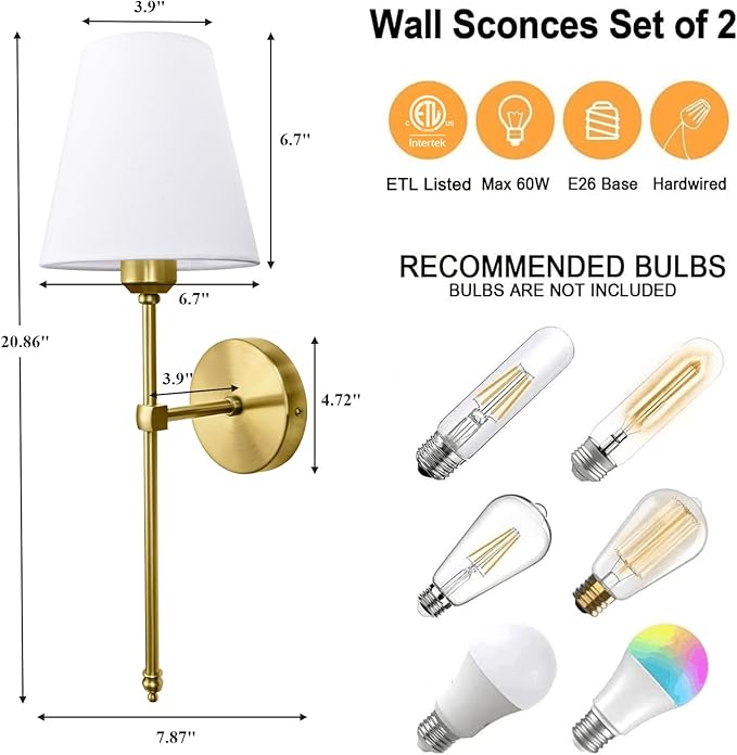 Bsmathom Wall Sconces Sets of 2, Hardwired Classic Brushed Brass Sconces Wall Lighting, Bathroom Vanity Light Fixture with Fabric Shade for Bedroom Living Room Hallway Kitchen, Bright Gold