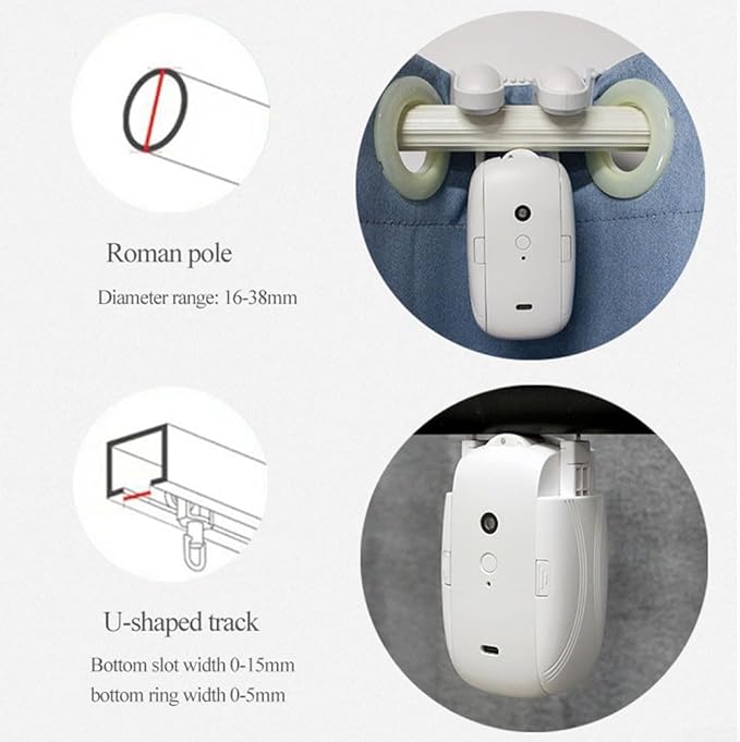 Automatic Smart Curtain Opener with Remote Control, Automatic Curtain Opener and Closer Smart Curtain Opener Electronic for Roman Rod/U/T Rails(2PC Roman Pole)