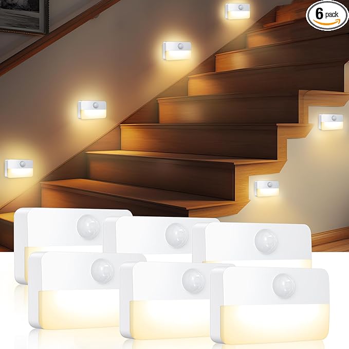 AMIR 6 Pack Mini Motion Sensor Stair Light for Indoor, Battery-Powered LED Night Light, 40 Lumen 3000K, Cordless Closet Lights, Safe Lights for Stairs, Hallway, Bathroom, Kitchen, Cabinet