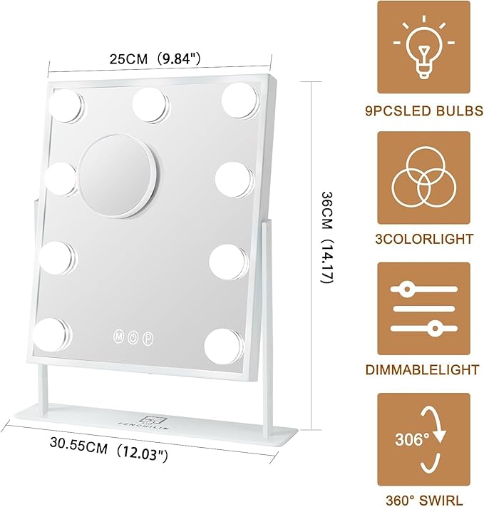 FENCHILIN Vanity Mirror with Light Lighted Makeup Mirror Vanity Makeup Mirror Smart Touch Control 3Colors Dimable Light Detachable 10X Magnification 360°Rotation(White)