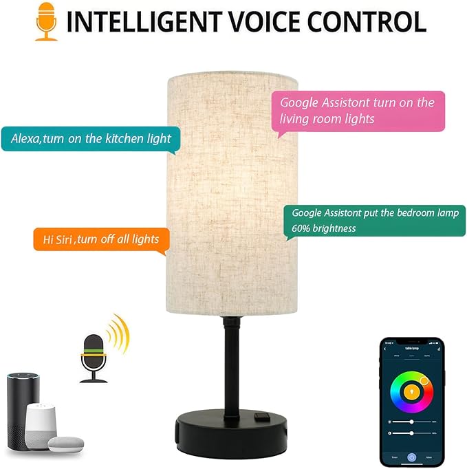 Smart Table Lamp Work with HomeKit, Siri, Alexa, Google Assistant, Smart Beside Nightstand Lamp with AC Outlet & USB A+C Charging Ports, Ambiance Color Changing Bed Table Lamp for Bedroom