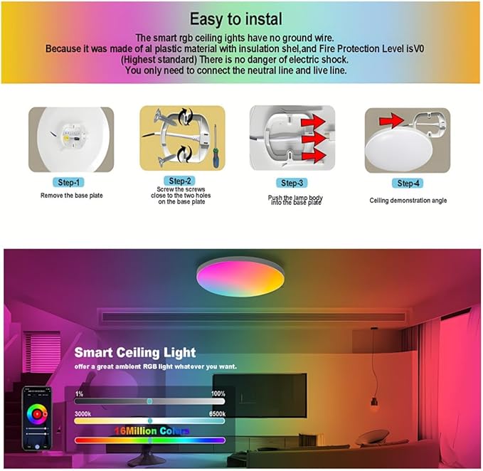 Smart Wifi Ceiling Light, RGB+CCT LED Ceiling Light Fixture, Compatible with Alexa Google Home,16 Million Multi-Color 3000-6500K,for Bedroom, Living Room. (Black, 1 PCS)