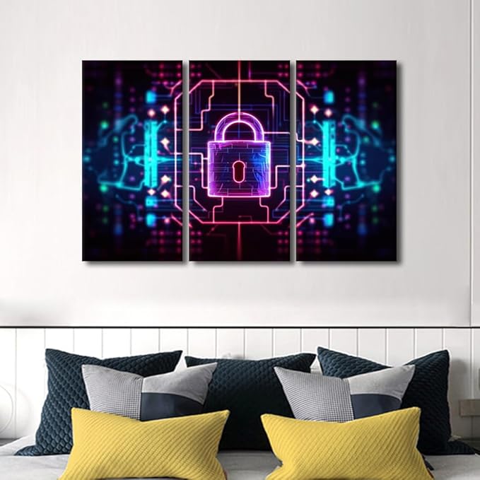 TUMOVO Modern Wall Art for Living Room 3 Panel Padlock on Technological Circuit Background with Neon Lights, Cyber Security Concept Pictures Print on Canvas for Living Room Decoration, 42" Wx28 H
