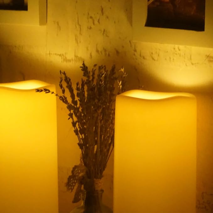 Battery Operated Plastic Flameless LED Pillar Candle with Cycling Timer, 4''x8'' Realistic Flickering Electric Light for Outdoor Bookshelf Wedding Dinner Party Centerpiece Fireplace Decor 2 Pack