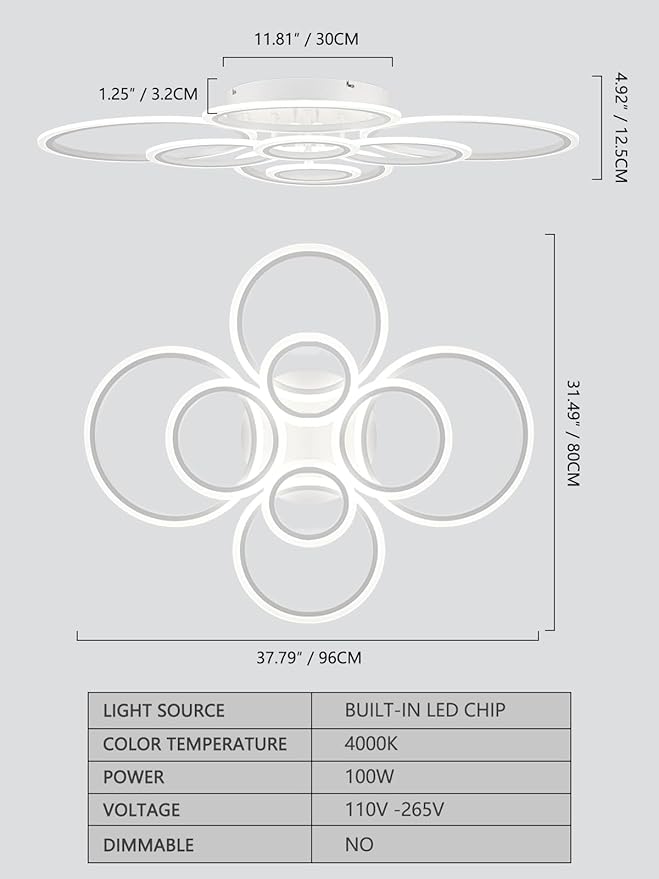 Vikaey Modern LED Flush Mount Ceiling Light, 8 Rings White Close to Ceiling Light Fixtures, Living Room Lighting Ceiling Lamp for Dining Room, Bedroom, Kitchen, 4000K Not Dimmable