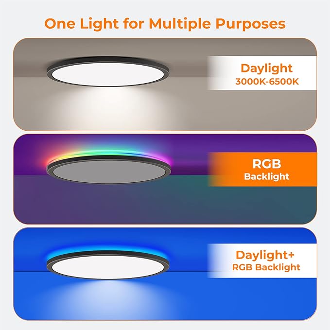 RGB Flush Mount LED Ceiling Light with Remote, 12 Inch Ceiling Light Fixture with Color Changing Backlight, 3000K-6500K Dimmable, 24W for Bedroom Kids Room Black