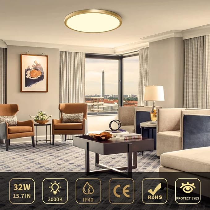 15.7Inch LED Flush Mount Ceiling Light Fixture , 32W(320W Equivalent), 3800LM, 3000K Warm White, IP40, Flat Modern LED Ceiling Lights for Bedrooms, Living Rooms, Bathrooms, Stairwells, etc.(Gold)