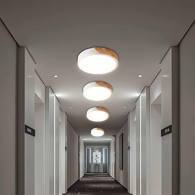 Flush Mount Ceiling Light, 12 inch LED Ceiling Light Fixture, Matte White with Wood, 4500K/24W(150w Equiv.), Not Dimmable Indoor Lighting Fixtures Ceiling for Bedroom and Hallway