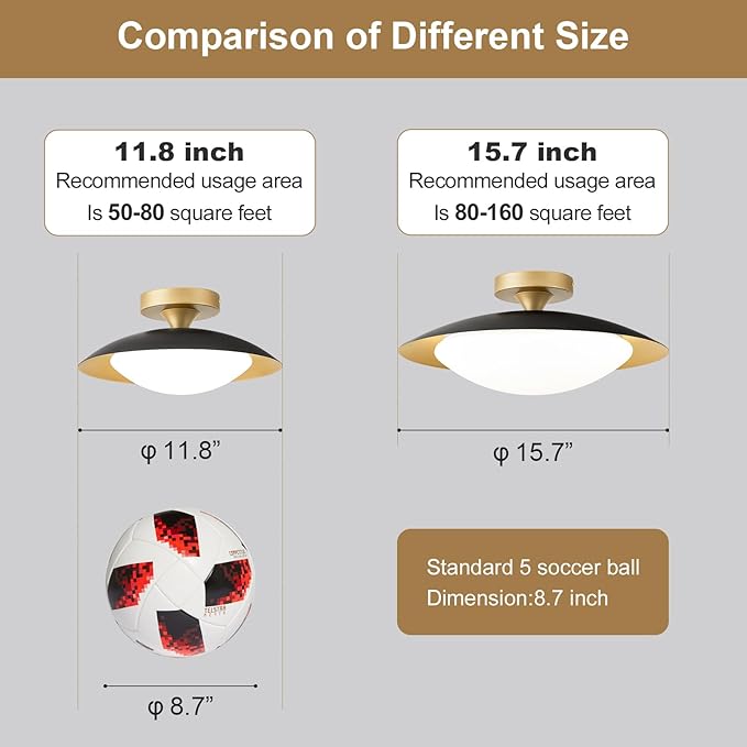 Dimmable Mid Century Modern Ceiling Light,5CCT LED Black and Gold Semi Flush Mount Ceiling Lighting, for Kitchen Bedroom Hallway Bathroom 2700K-6000K 15.75 in