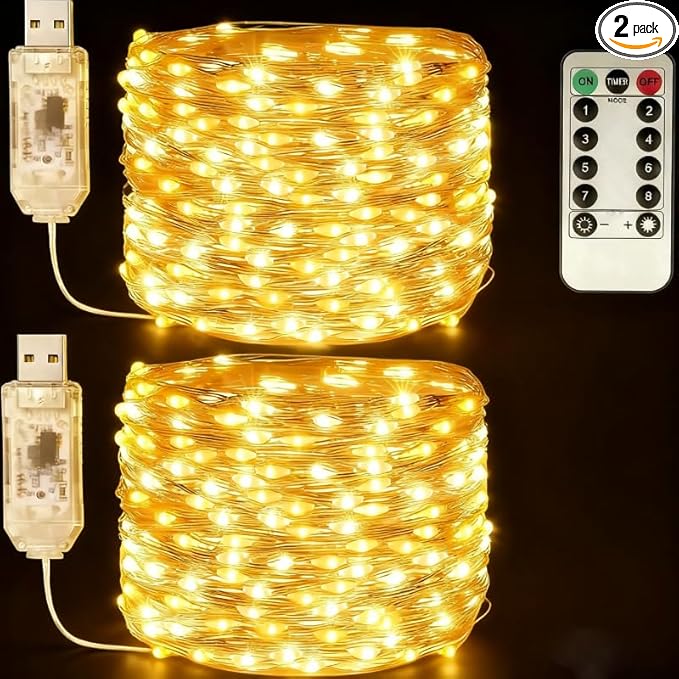 USB Fairy Lights Plug in, 33 Feet 100 LED Twinkle String Lights with Remote and Timer, Waterproof 8 Modes for Bedroom Indoor Wreath DIY Party Wedding Christmas Holiday Decoration(2 Pack Warm White)
