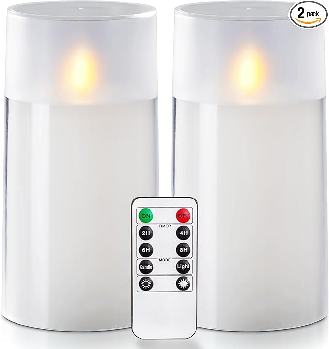 Homemory Flameless Candles Set of 2, White Acrylic LED Candles Upgraded Realistic Battery Operated Flames with Remote & Timer, Waterproof for Indoor,Outdoor Decor, Halloween & Christmas Lanterns