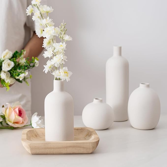 Ceramic Vase Set of 4, Modern Minimalist Colors Home Decor, White Decorative Flowers Vases for Bouquet, Pampas | Table Mantel Centerpiece Bookshelf Living Room Bedroom (White Set of 4)