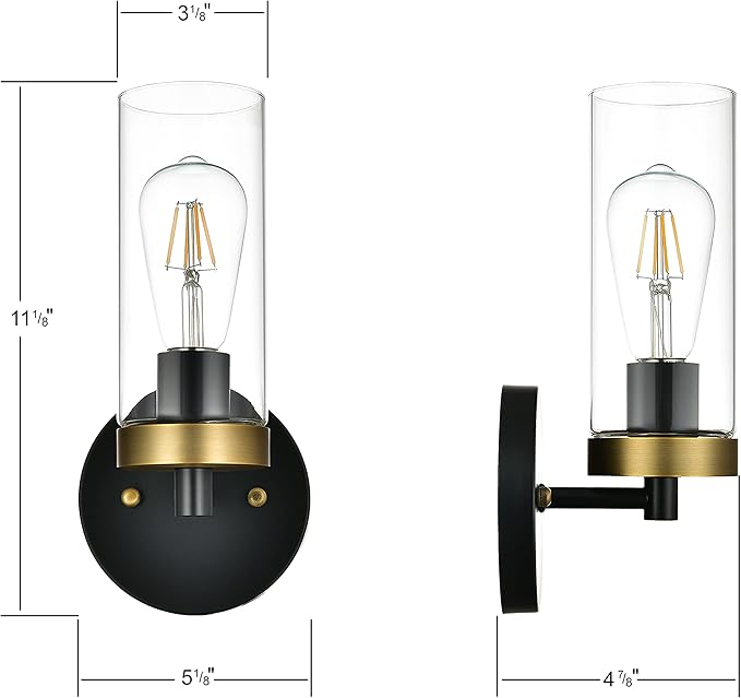 1-Light Wall Sconce Hardwired Satin Brass and Black Bathroom Vanity Light Fixtures Over Mirror, Black and Gold Indoor Sconces Vanity Wall Lights for Bathroom Bedroom Living Room Hallway