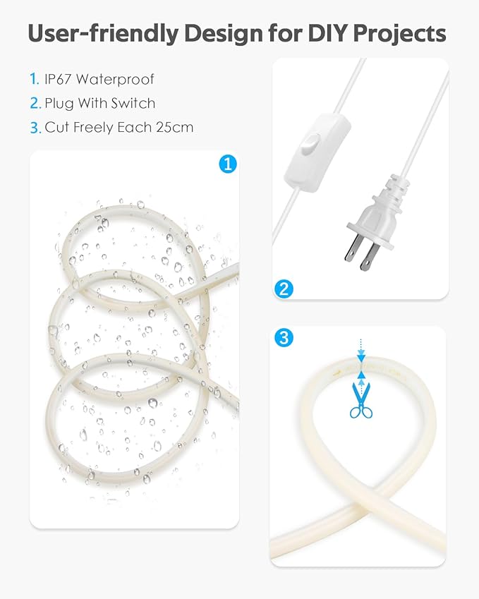 Outdoor COB LED Rope Lights Waterproof with Switch IP65 20FT/6M AC110V-120V LED Strip Light Daylight White 6000K 1728LED/6M Super Density Bright LED Tape Light Indoor for Garden Decor